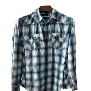 Helix Shirt Mens Size Large Black Blue and White Plaid‎ Button Up Athletic Fit